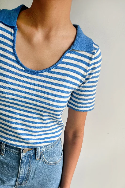 STRIPED SCOOP NECK COLLARED TOP