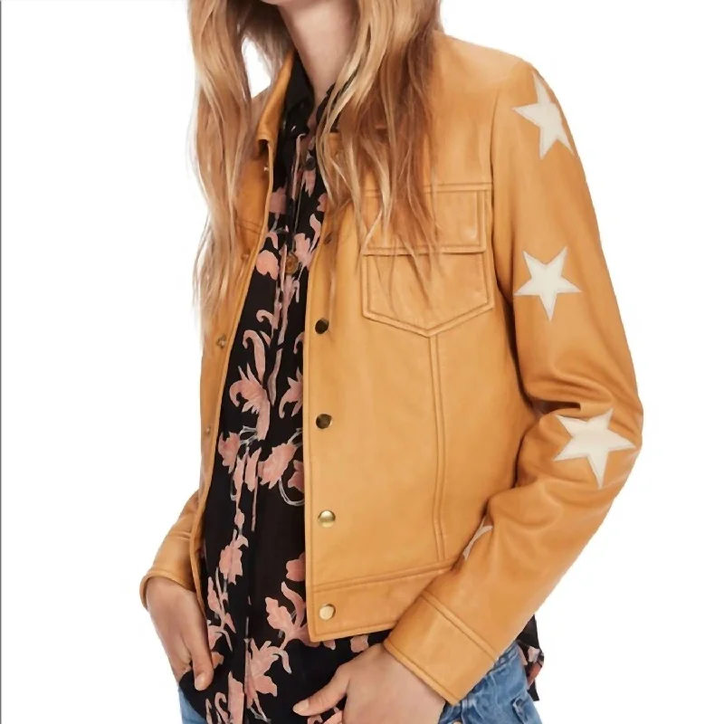 Embroidered Leather Shirt Jacket In Sahara