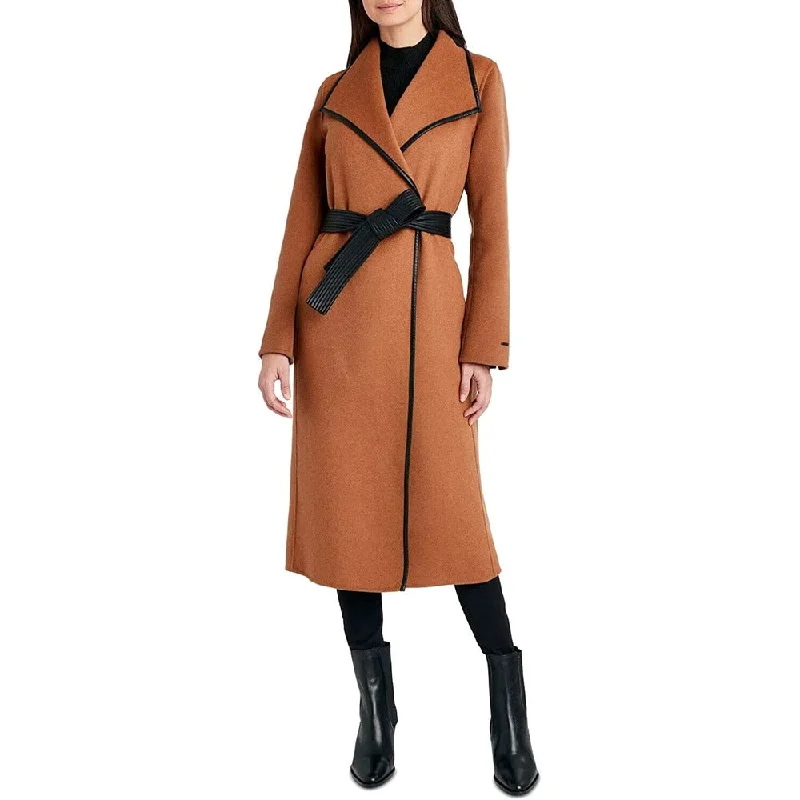 Tahari Women's Black Juliette Double Face Wool Belted Coat with Faux Leather Trim Caramel