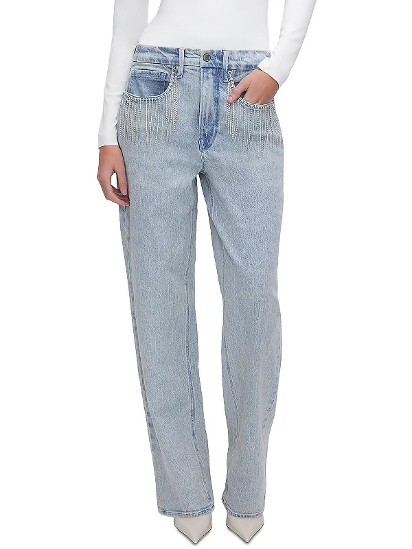 90's Diamond Fringe Womens High-Rise Light Wash Straight Leg Jeans