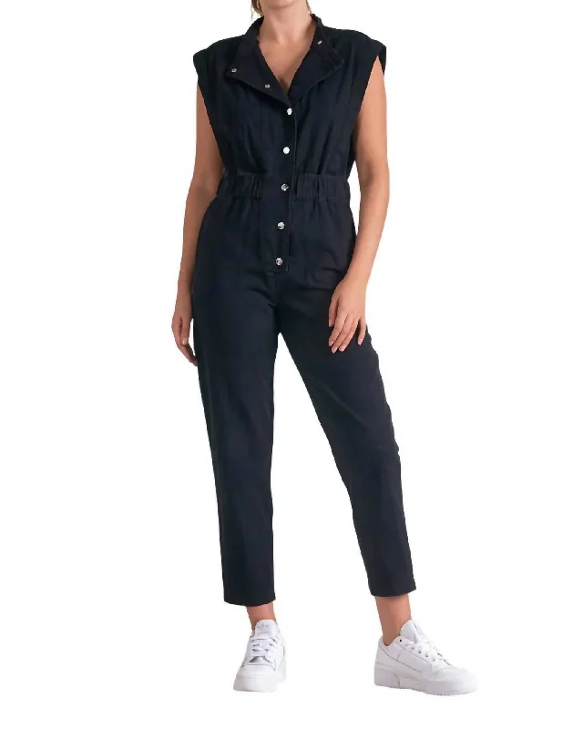 Buttoned Front Sleeveless Jumpsuit In Black