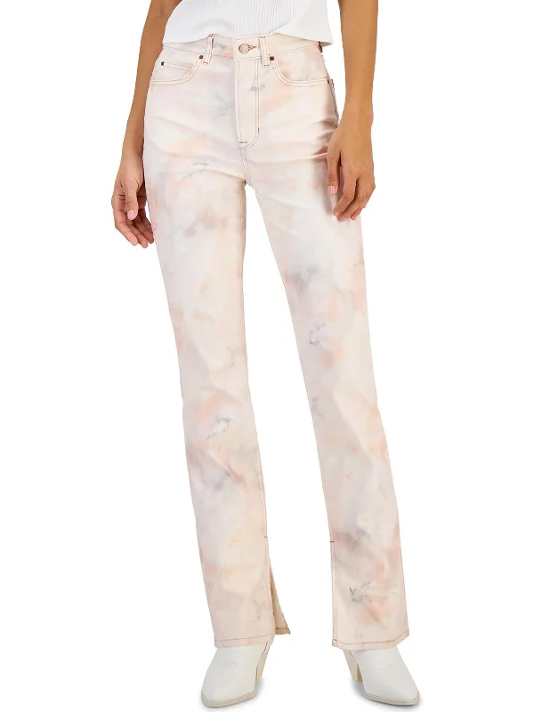 Pauline Womens Tie Dye Split Hem Straight Leg Jeans