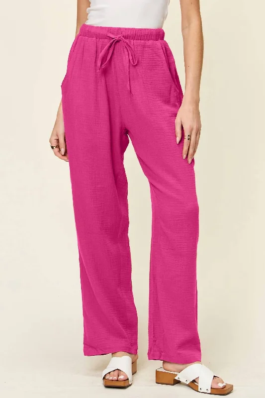 Texture Drawstring Straight Pants In Hot Pink