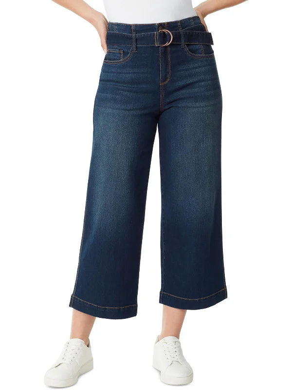 Womens Belted Wide Leg Cropped Jeans