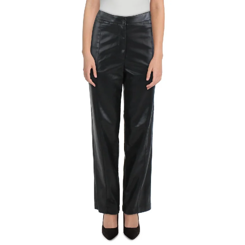 Womens Faux Leather High Rise Straight Leg Pants